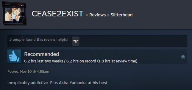 Screenshot showing a Steam user review of Slitterhead.